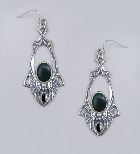 Sterling Silver Dramatic Art Deco Drop Dangle Earrings With Bloodstone And Hematite